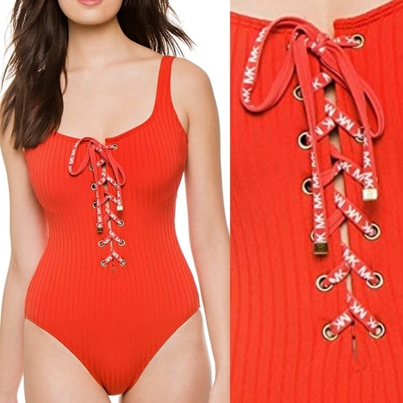 MICHAEL MK Solid Rib Logo‎ Lace-Up One-Piece Persimmon 4
